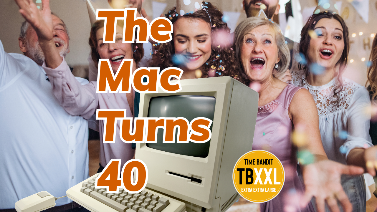 Graphic announcing that the Apple Macintosh has just turned 40 years old
